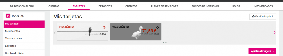Pantalla donde se muestran las tarjetas.