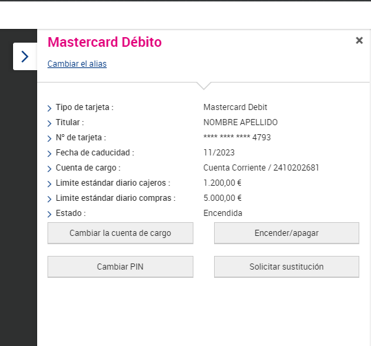 Datos de la tarjeta.